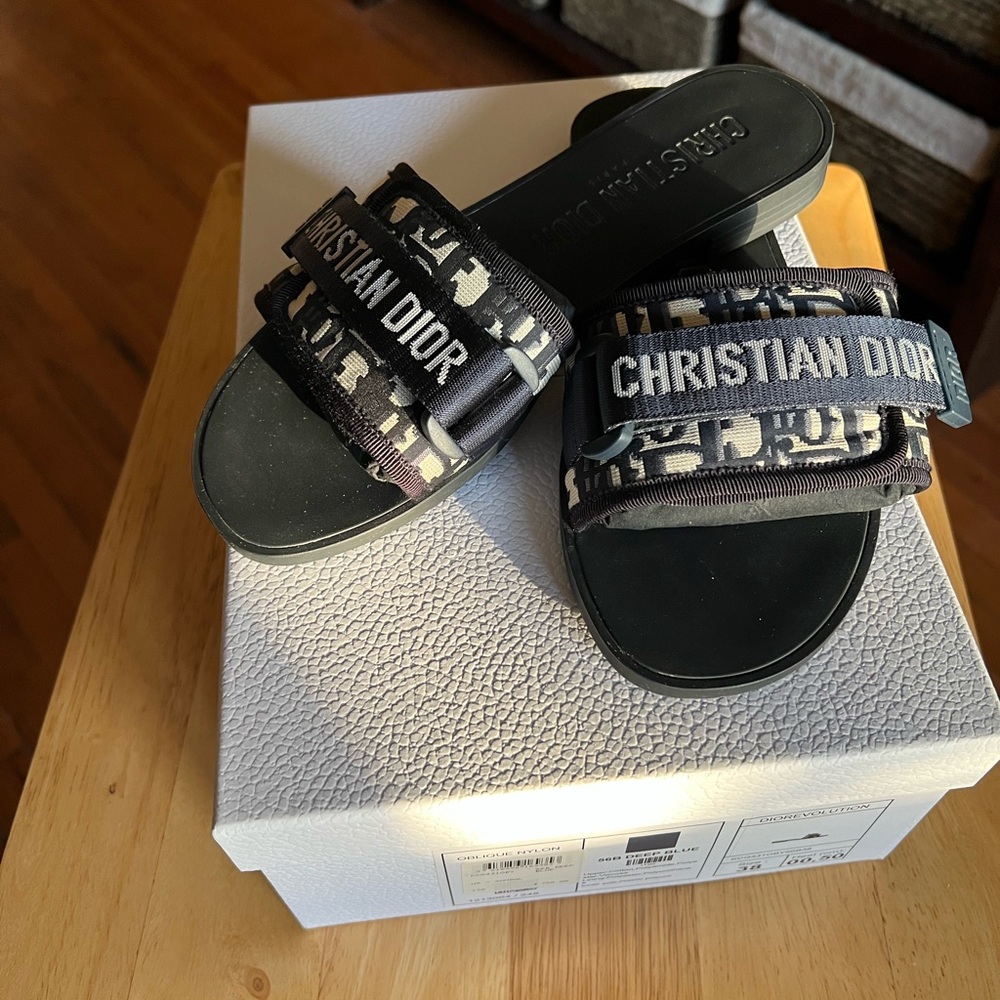 Dior Navy and White Slide Sandals